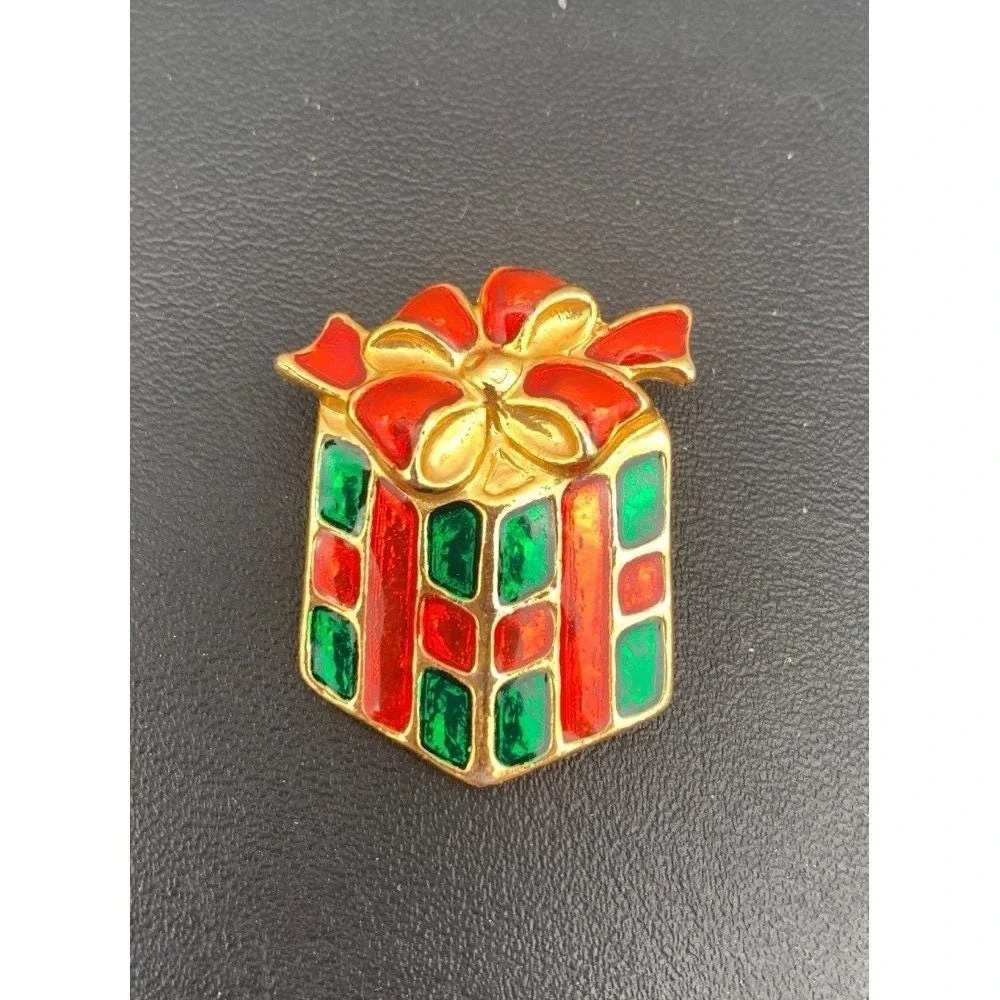 Vintage AAI Christmas Gift present enamel gold tone Brooch